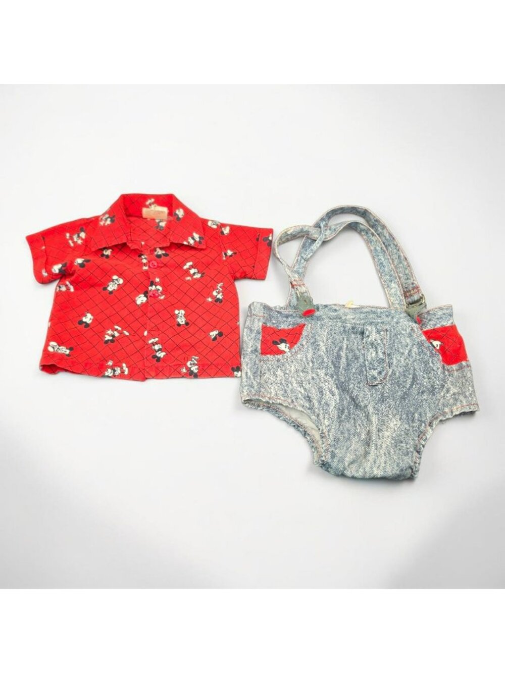 Vintage Disney Kids Baby Mickey Mouse Red Shirt Denim Overalls Newborn to 6 Mos